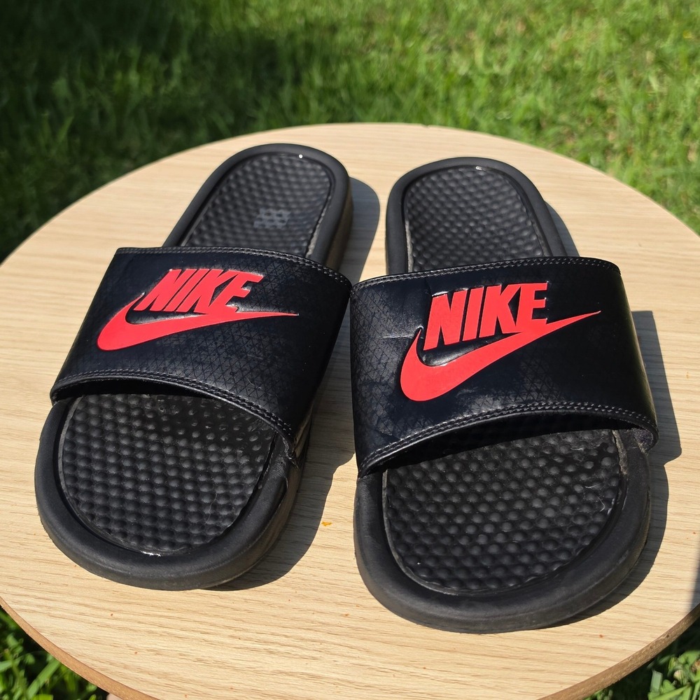 Nike Benassi JDI Slides Black University Red Athletic 343880-060 Womens 9